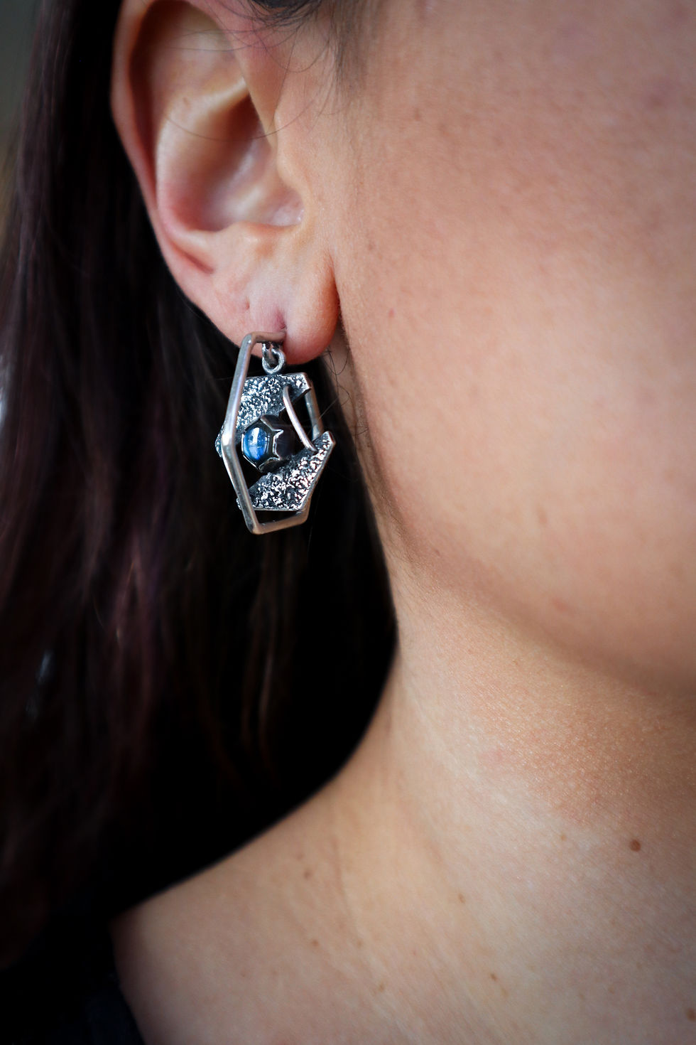 Thumbnail: The Hex / Hexagonal Mid-Dangle Earrings / Labradorite & Sterling Silver