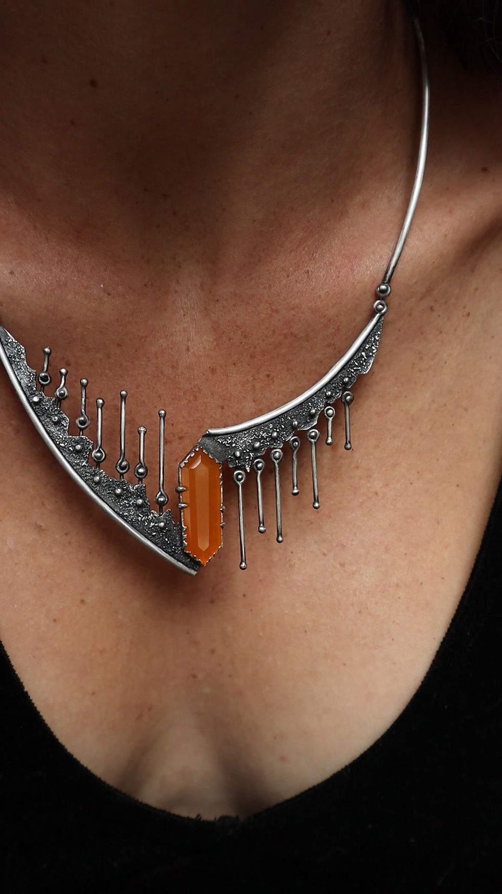 Thumbnail: Defiant / Carnelian & Sterling Silver Shield Necklace / Gravity-Defying Fringe