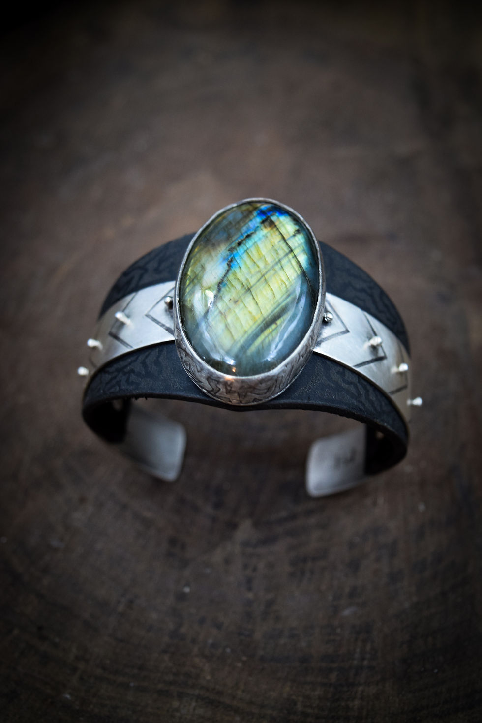 Thumbnail: Alternative Horizons / Leather, Labradorite, & Sterling Silver Cuff