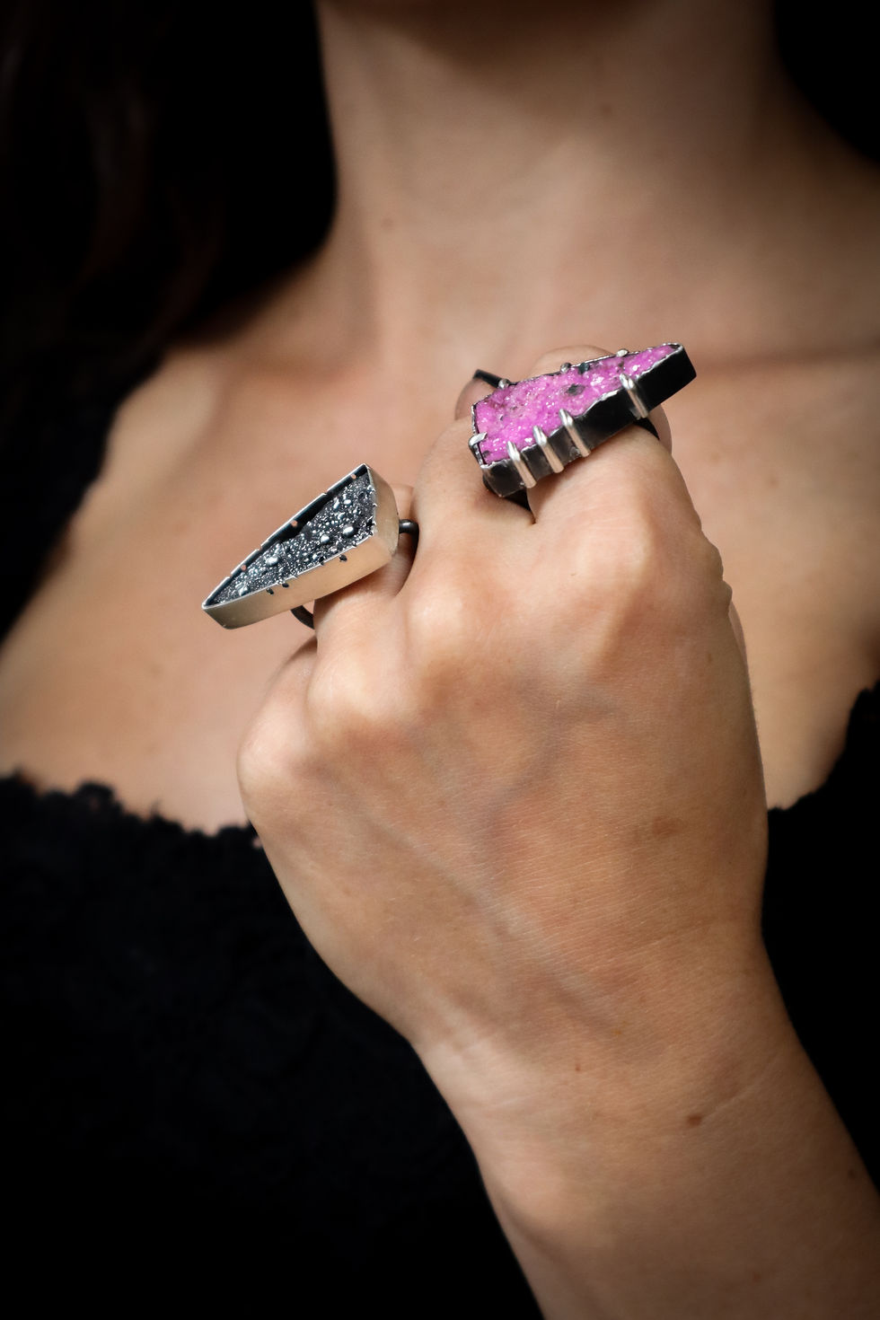 Thumbnail: Sharp Reflections / Cobalto Calcite & Sterling Silver Double Ring