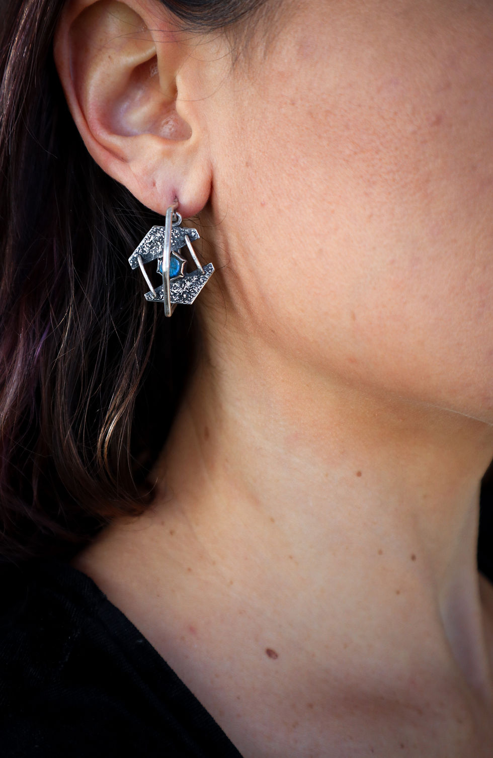 Thumbnail: The Hex / Hexagonal Mid-Dangle Earrings / Labradorite & Sterling Silver