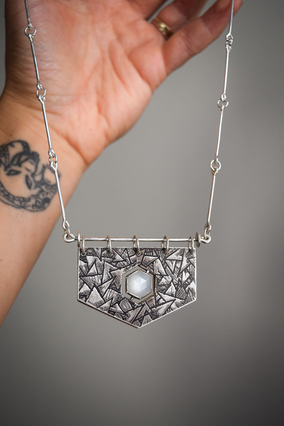 Thumbnail: Many Faces / Moonstone, Sterling Silver, Brass, & Copper 3-in-1 Necklace