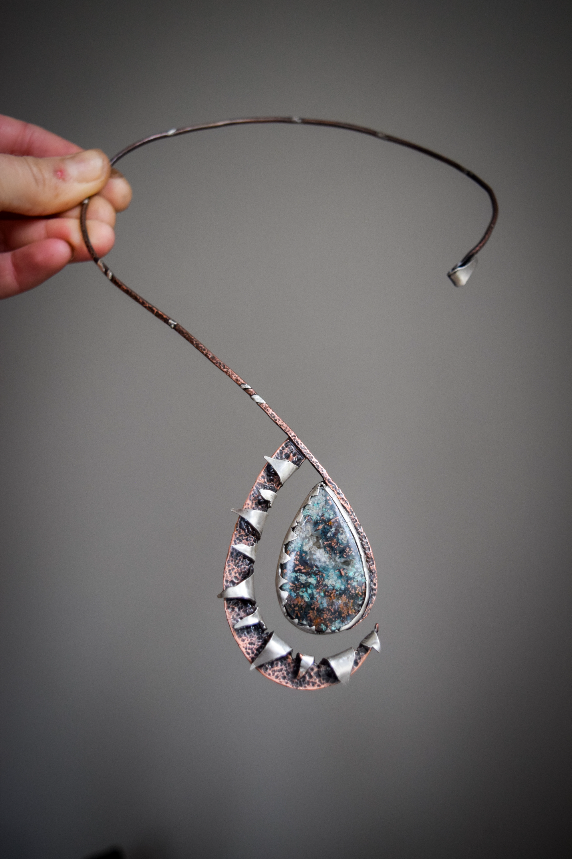 Martian Regolith Necklace / Confetti Chrysocolla, Sterling Silver, & Copper