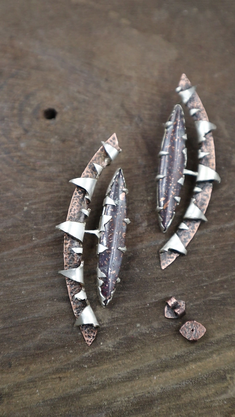 Thumbnail: Martian Regolith / Chrysocolla, sterling silver, and copper stud earrings