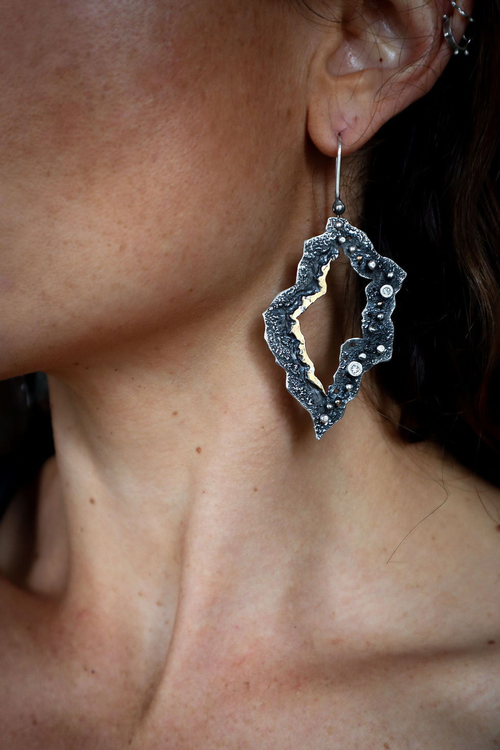 Thumbnail: Astral Debris Earrings / Diamonds, 14K Gold, 24K Gold Keum Boo, Silver