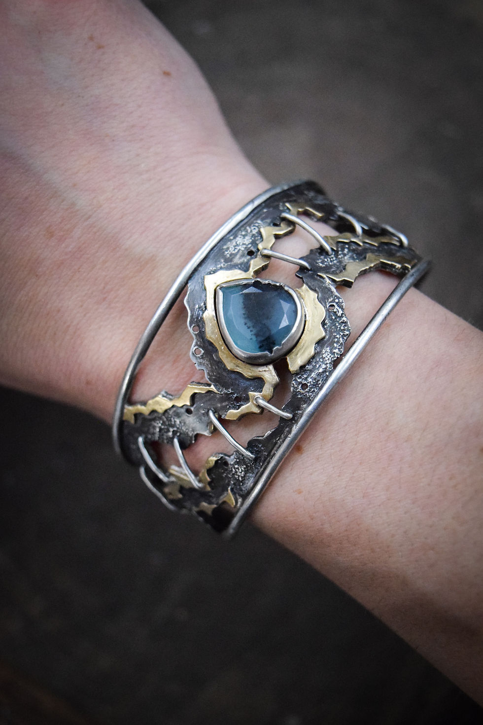 Thumbnail: Just the Tear of Us / Peruvian Opal, Silver, & Brass Cuff Bracelet