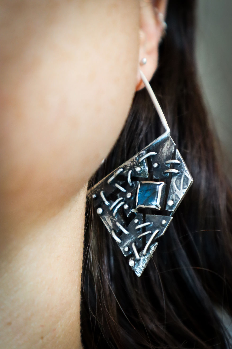 Thumbnail: Disjointed / Labradorite Stitched "Hoop" Hangers / Sterling Silver