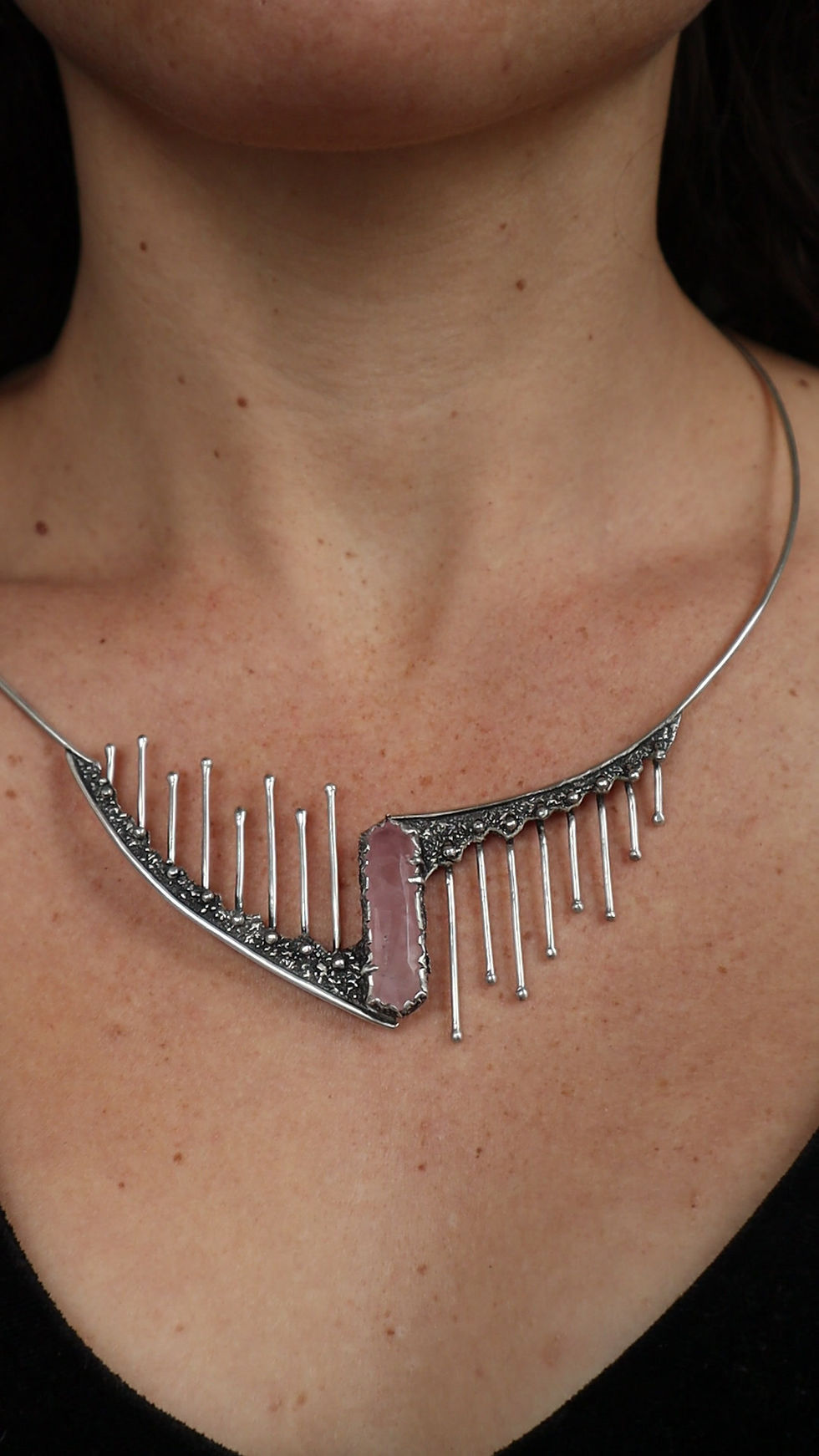 Thumbnail: Defiant Dos / Rose Quartz & Silver Shield Necklace / Gravity-Defying Fringe