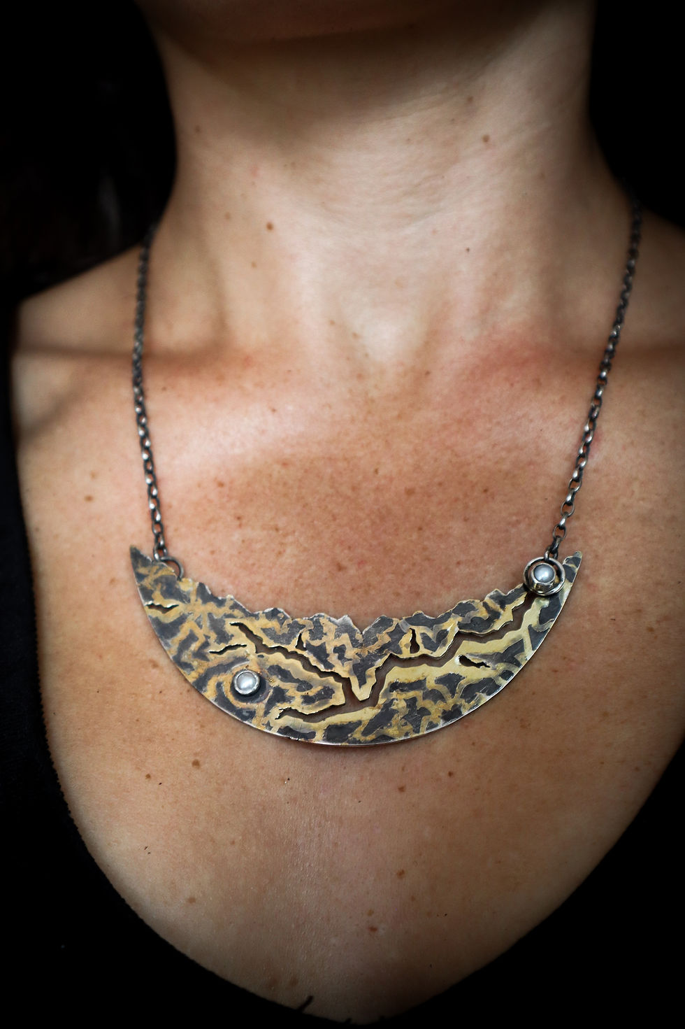 Thumbnail: The Road Not Taken / 23.5K Gold, Fine/SS Silver, & Pearl Front-Clasping Necklace