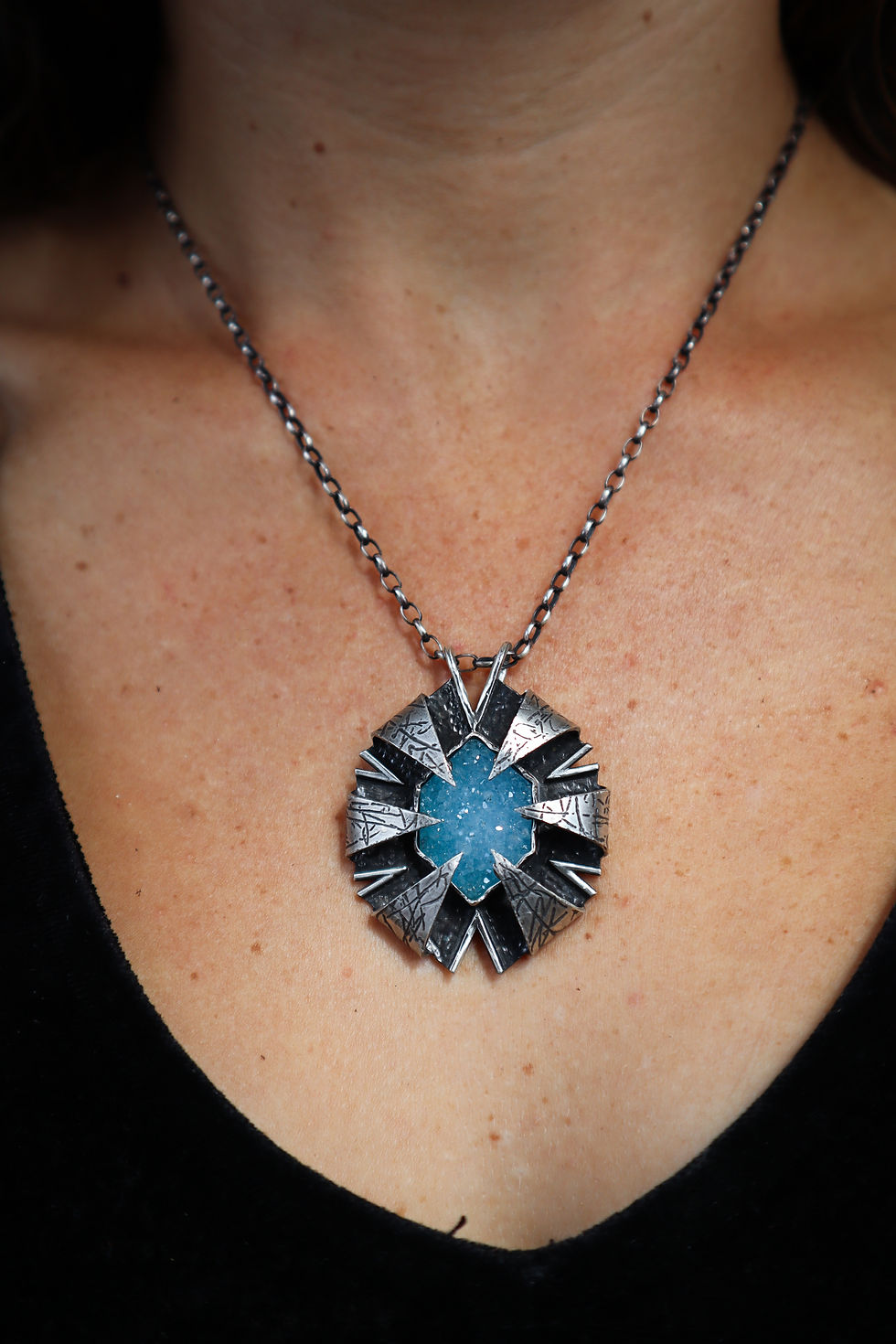 Thumbnail: In the Folds / Aqua Chalcedony Druzy & Sterling Silver Pendant + Chain