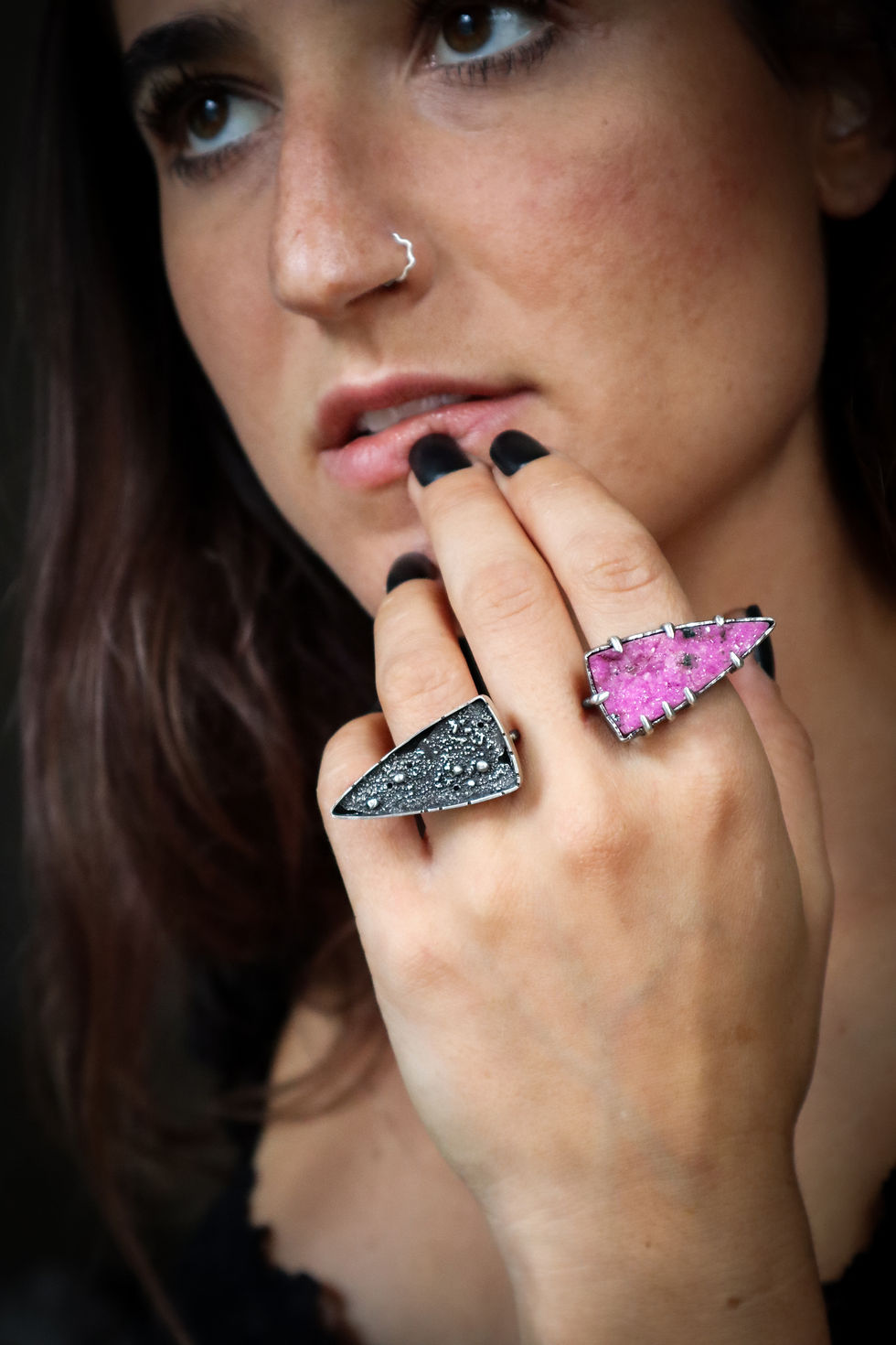 Thumbnail: Sharp Reflections / Cobalto Calcite & Sterling Silver Double Ring