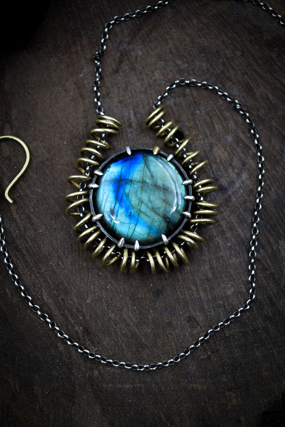 Thumbnail: Circular Truth / Labradorite, sterling Silver, & Brass pendant + chain