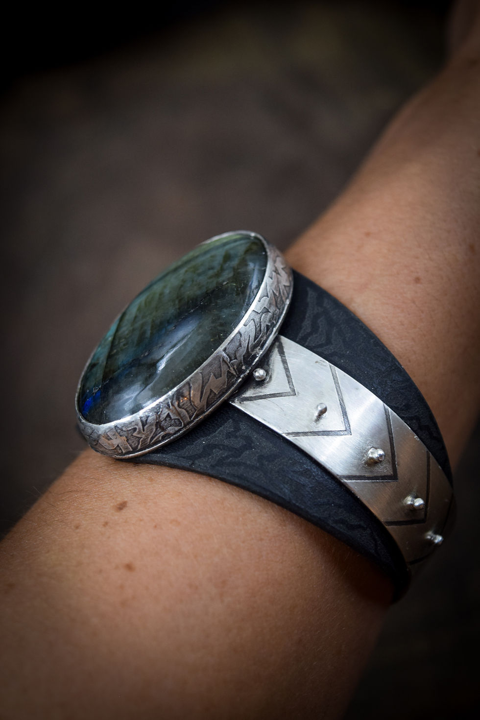 Thumbnail: Alternative Horizons / Leather, Labradorite, & Sterling Silver Cuff