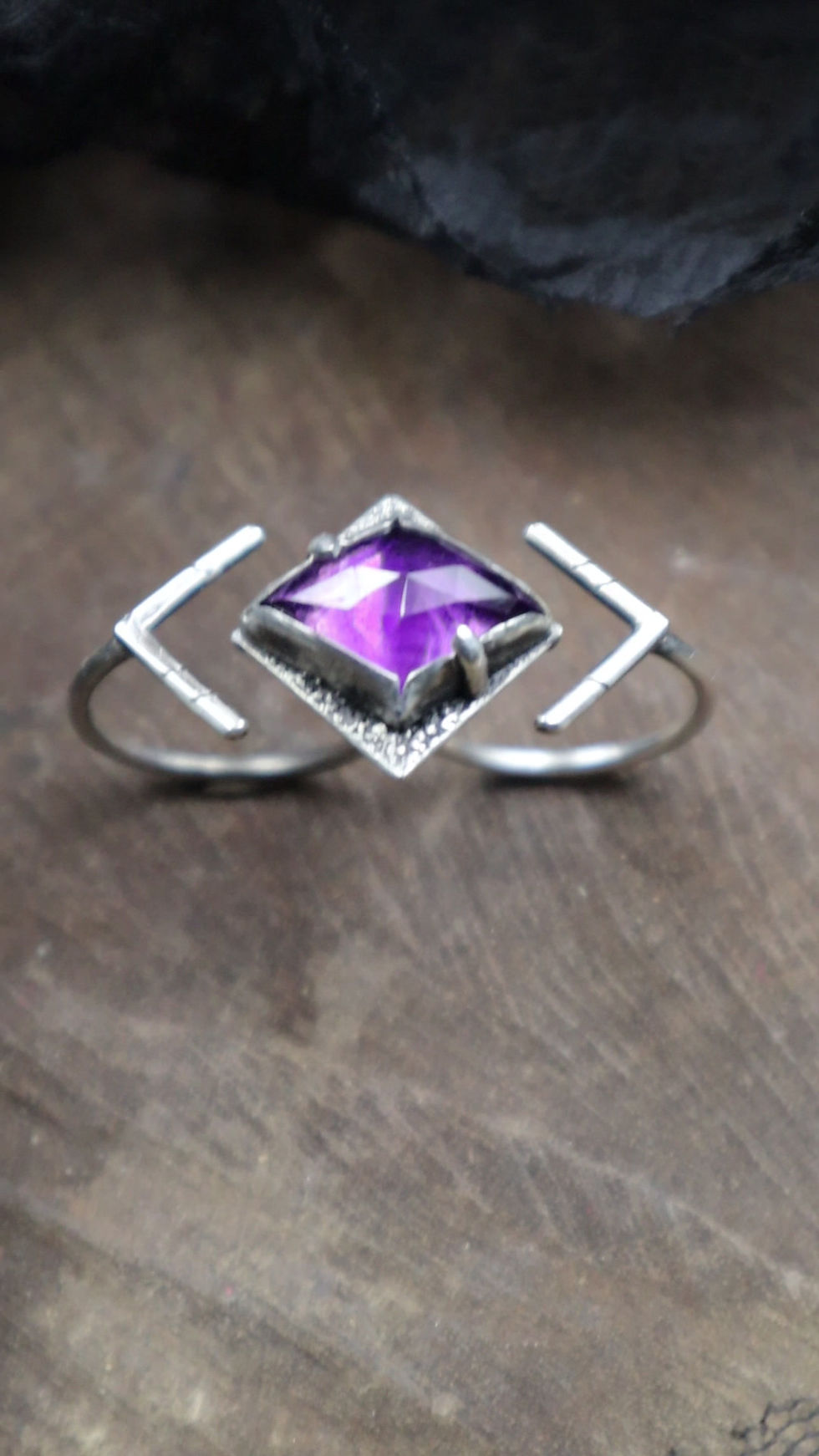 Thumbnail: Echolocation / Adjustable Double Ring / Amethyst & Sterling Silver