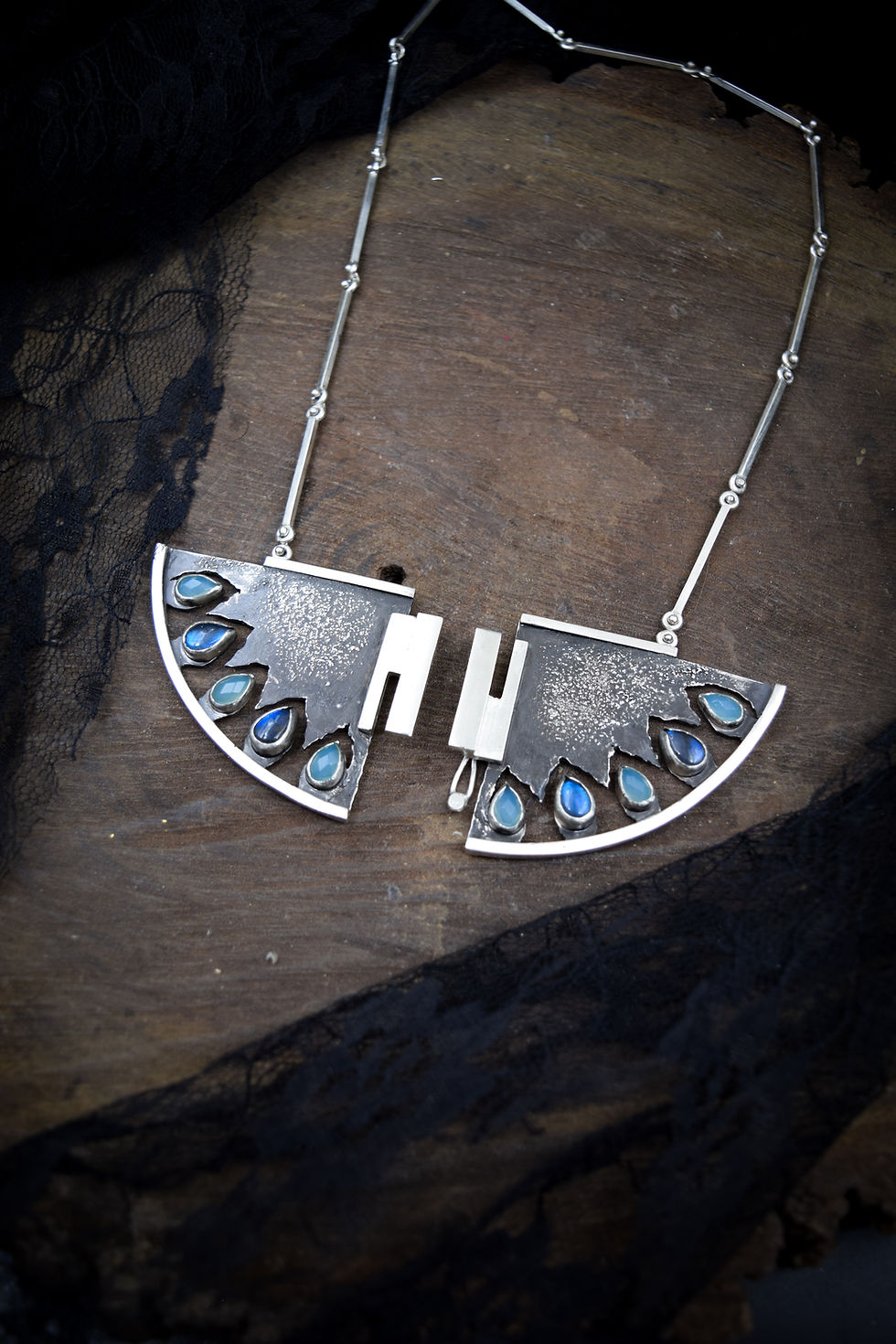 Thumbnail: Breakthrough / Front-Clasping Labradorite, Chalcedony, & Silver Necklace