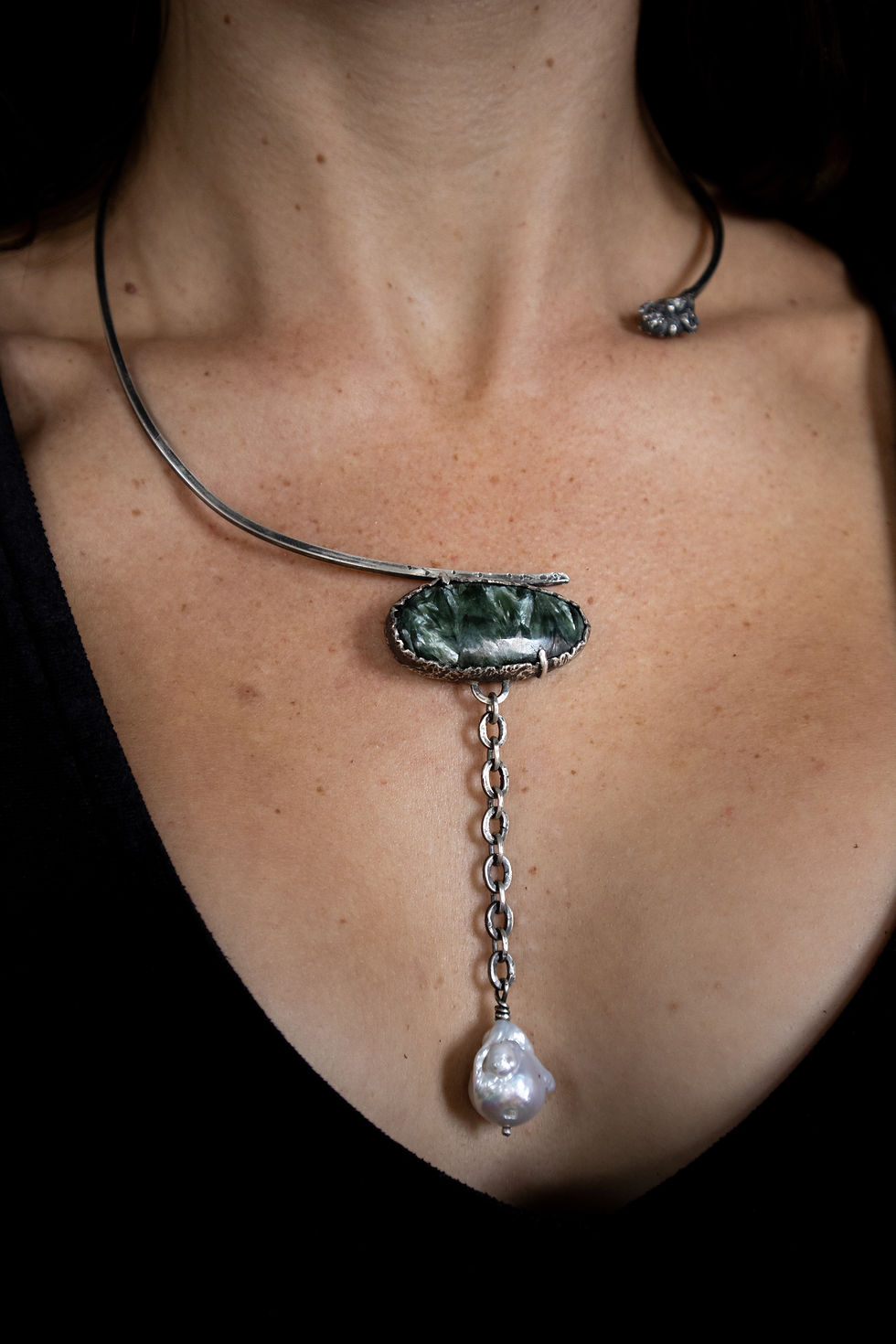 Thumbnail: Bday Necklace / Seraphinite & Pearl Drop Collar