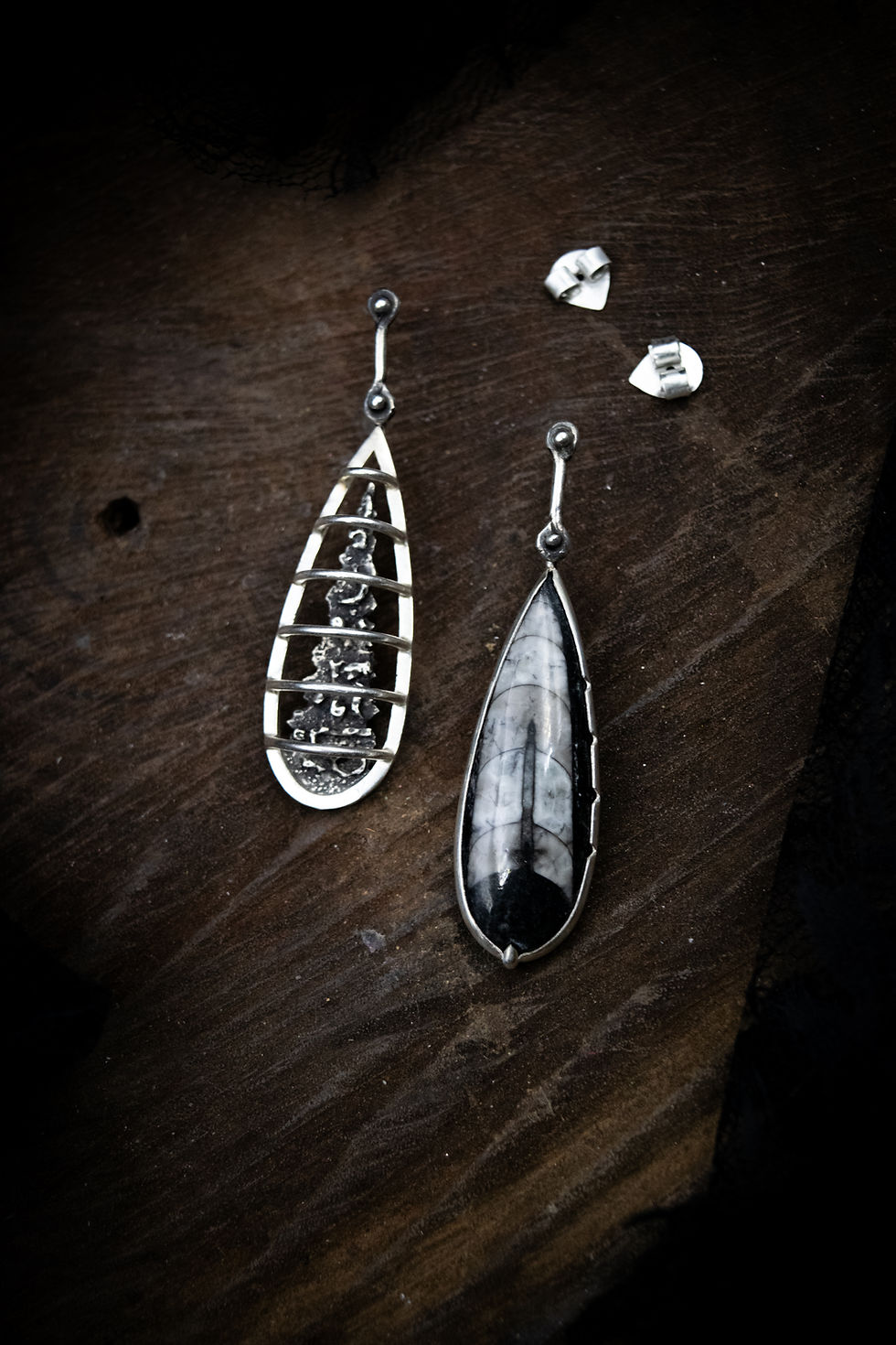 Thumbnail: One of Us is a Fossil / Orthoceras & Silver Drop Stud Earrings