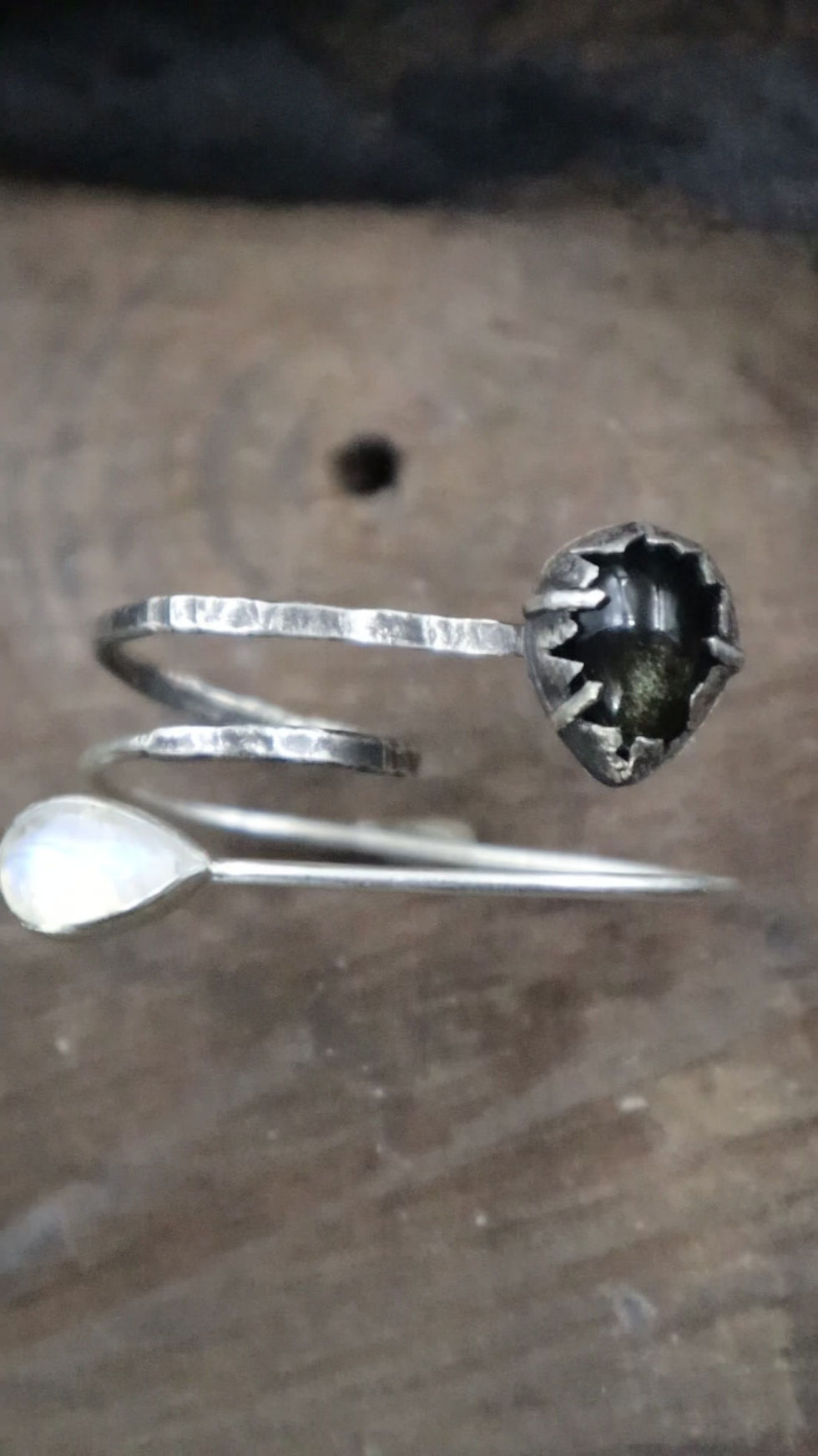 Thumbnail: Black & White Thinking /Moonstone & Golden Sheen Obsidian Wrapped Double Ring