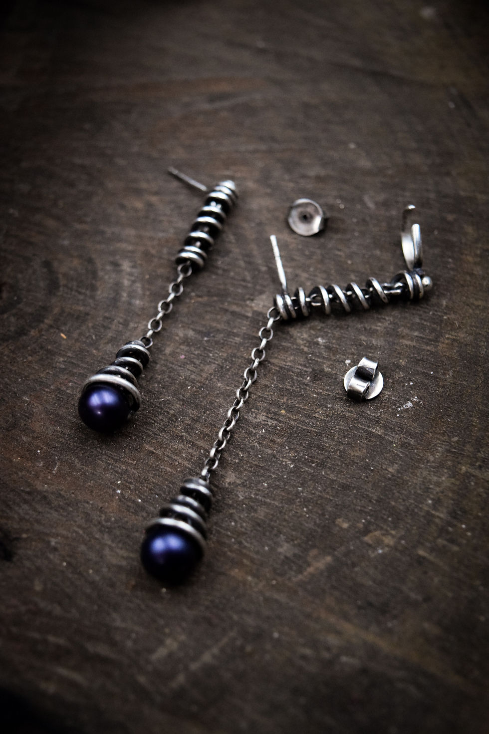 Thumbnail: Black Pearl Ear Climber/Drop Stud Combo - Sterling Silver