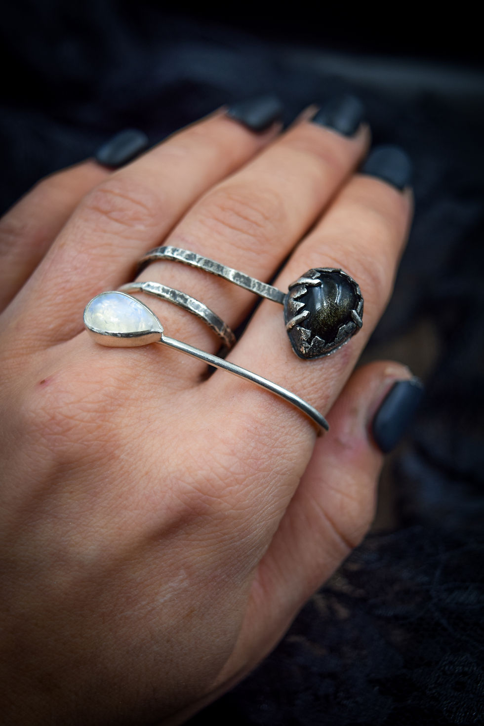 Thumbnail: Black & White Thinking /Moonstone & Golden Sheen Obsidian Wrapped Double Ring
