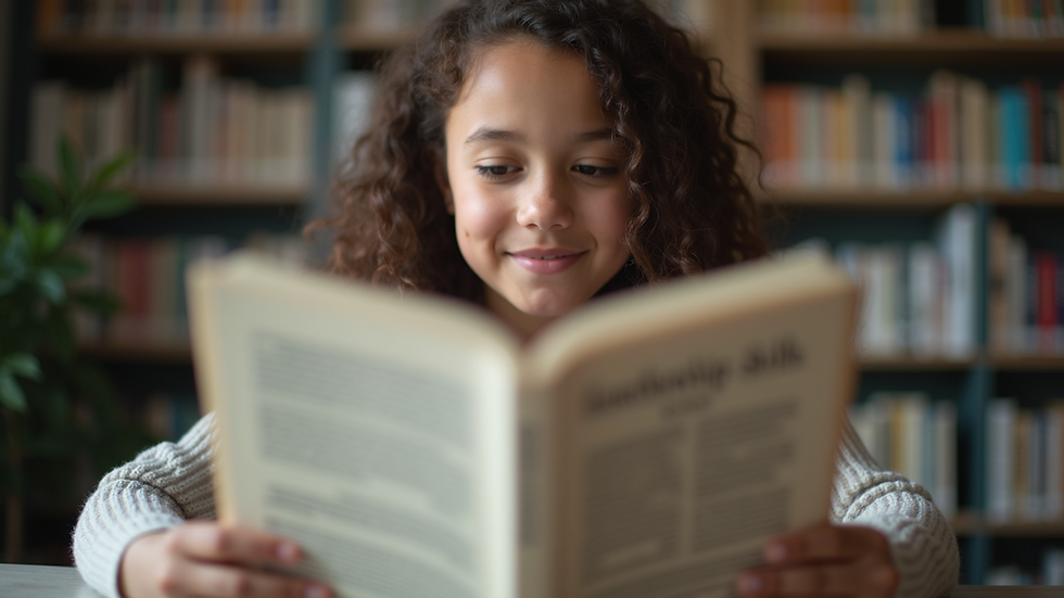 Eye-level view of a young person reading a book on leadership skills