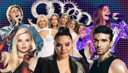 Eurovision 2025 semi-final acts superimposed on the Basel brand background