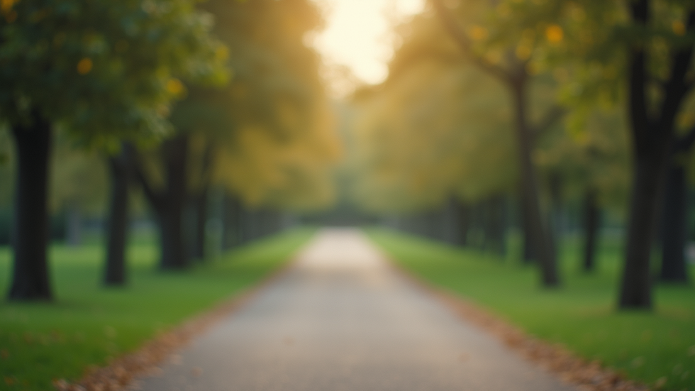 Eye-level view of a serene park with a walking path