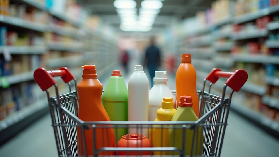 Eye-level view of a shopping cart filled with various household items