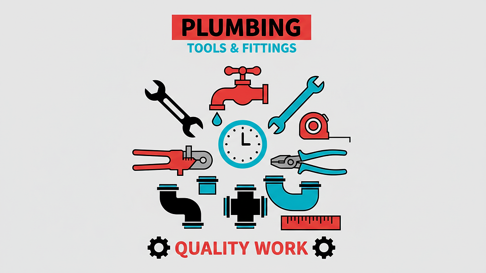 Close-up view of plumbing tools and pipe fittings on a workbench