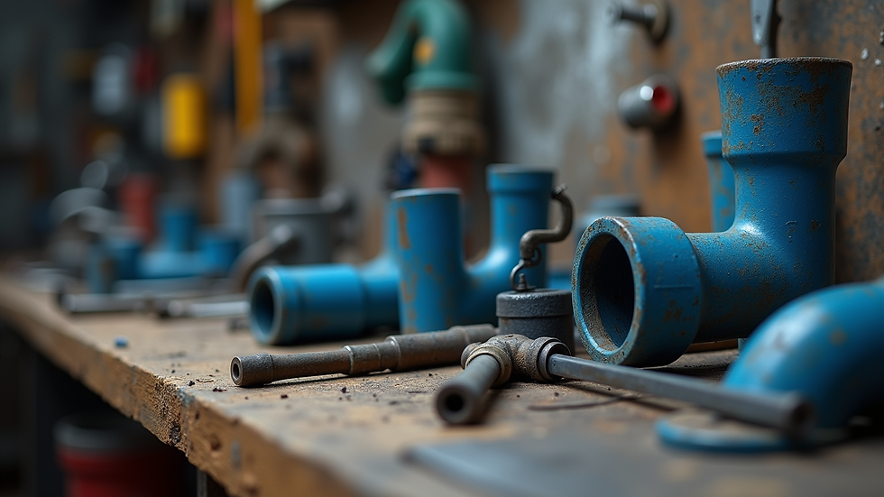Close-up view of plumbing tools and pipe fittings on a workbench