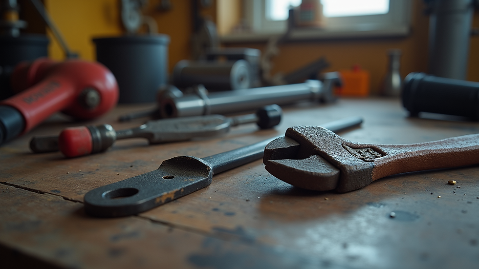 Close-up view of plumbing tools and a plumber’s wrench on a workbench