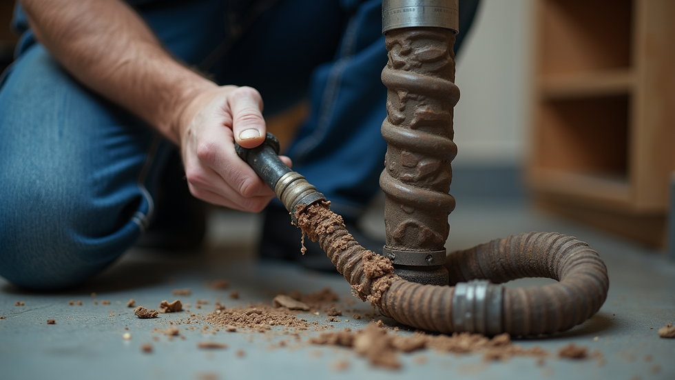 Close-up view of a plumber using a drain snake to clear a clogged pipe