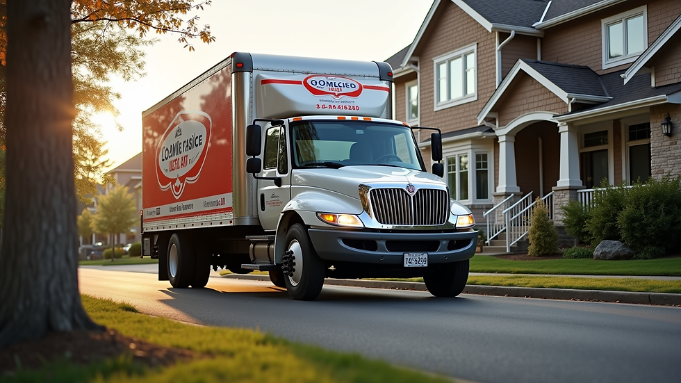 Eye-level view of a plumbing truck parked outside a residential home