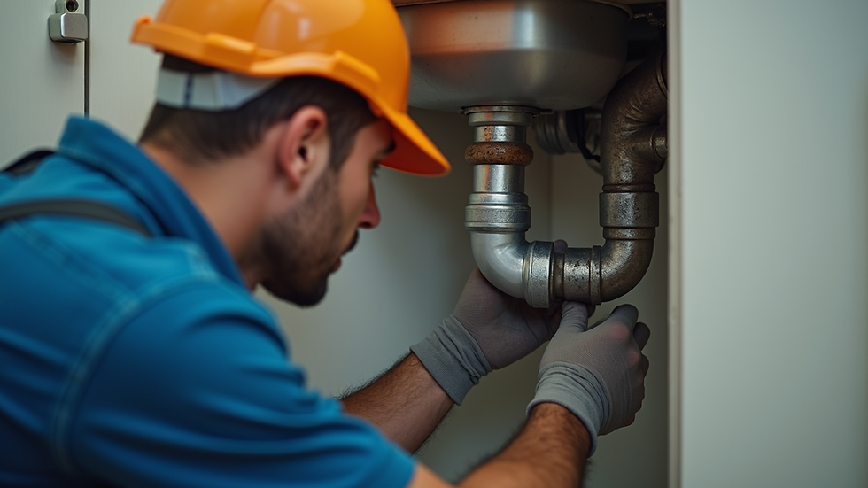 Eye-level view of a plumber fixing a kitchen sink pipe