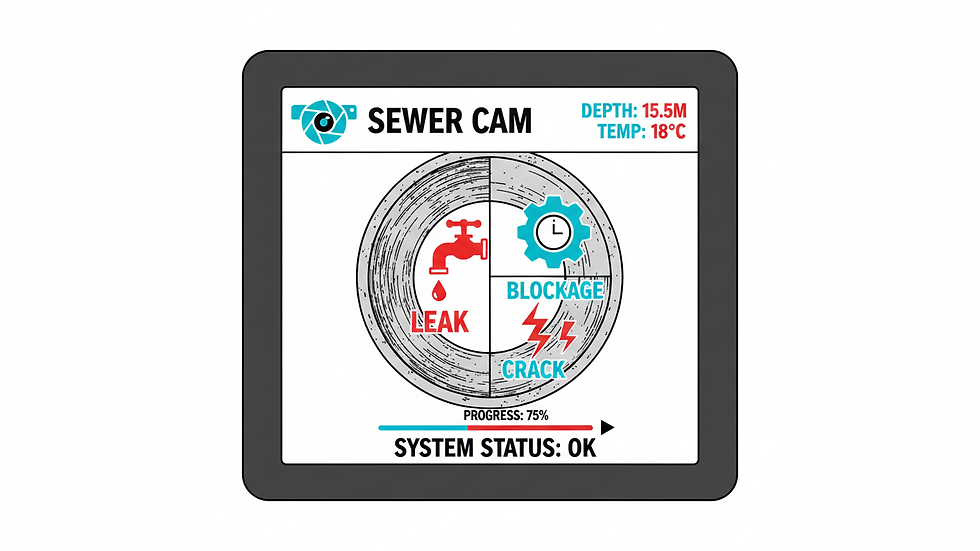 Eye-level view of a sewer inspection camera monitor showing pipe interior