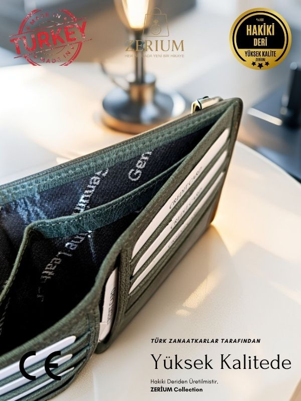 Küçük resim: Hakiki Deri Erkek Cüzdan Voss Model Mıknatıs Kapaklı Premıum Kartlık HAKİ YEŞİL