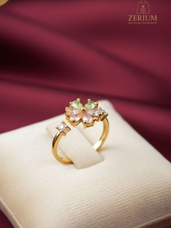 Küçük resim: Floral Dream – Gold Pembe Cam Taşlı Ayarlanabilir Kadın Yüzük