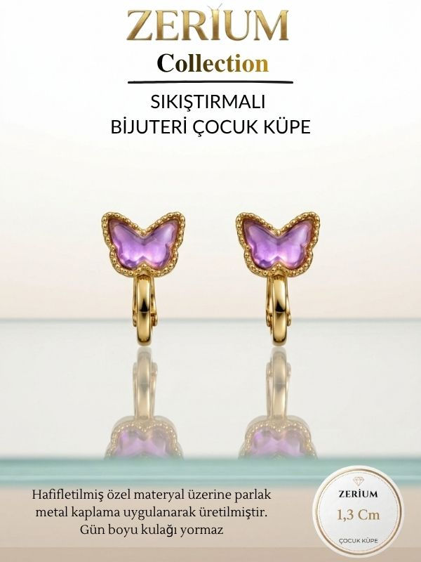 Küçük resim: Kız Çocuk Sıkıştırmalı Küpe – Deliksiz Kulaklar İçin Pastel Lila Kelebek