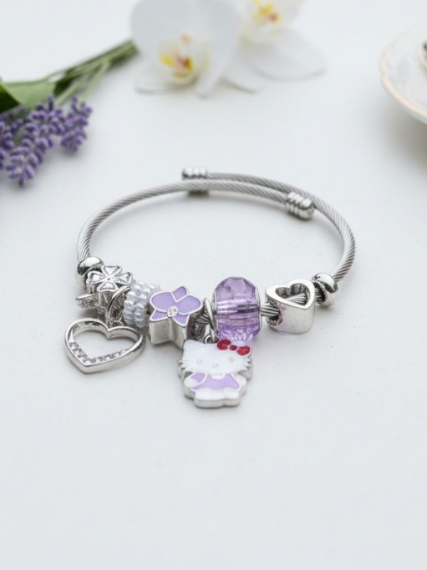 Thumbnail: Modern Çelik Şık Kadın Charm Bileklik Kedicik ve Kalp