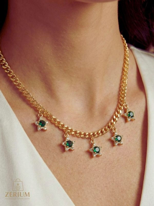 Küçük resim: Yeşil Taşlı Gurmet Zincir Çiçekli Çelik Kadın Kolye Premium Modern