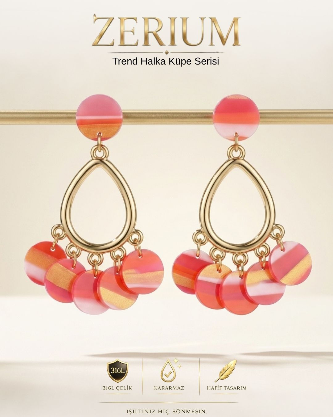 Sallantılı Çelik Kadın Küpe Renkli Akrilik Pullu Chandelier Model Nar Kırmızı