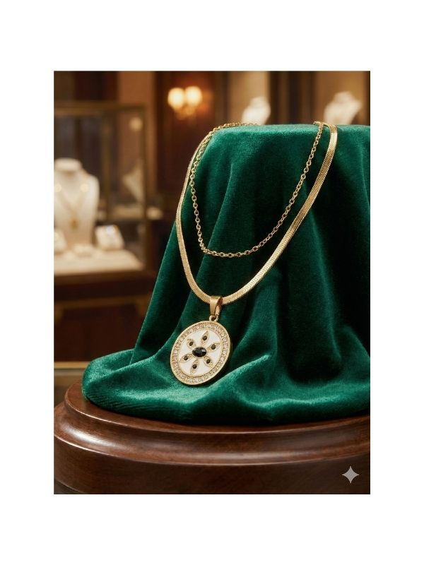 Küçük resim: Çift Zincirli Göz Detaylı Çelik Kolye Altın Renk Modern Premium Seri