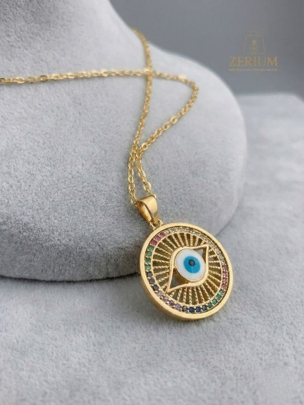 Küçük resim: Renkli Kristal Taşlı Nazar Çelik Kolye Altın Renk Premium Tasarım