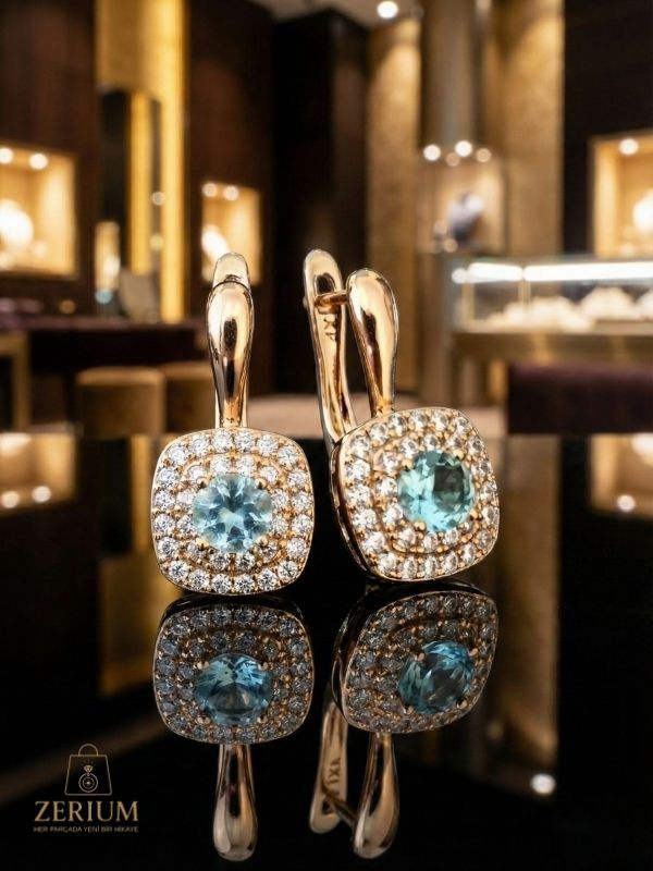 Küçük resim: Mavi Taşlı Zirkon İşlemeli Kadın Küpe