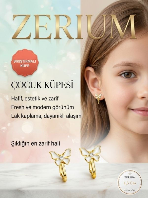 Küçük resim: Kız Çocuk Sıkıştırmalı Küpe – Deliksiz Kulaklar İçin Pastel Beyaz Kelebek