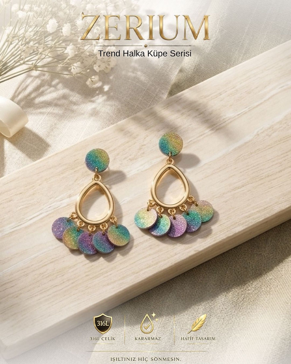Küçük resim: Sallantılı Çelik Kadın Küpe Renkli Akrilik Pullu Chandelier Model Mor Yeşil