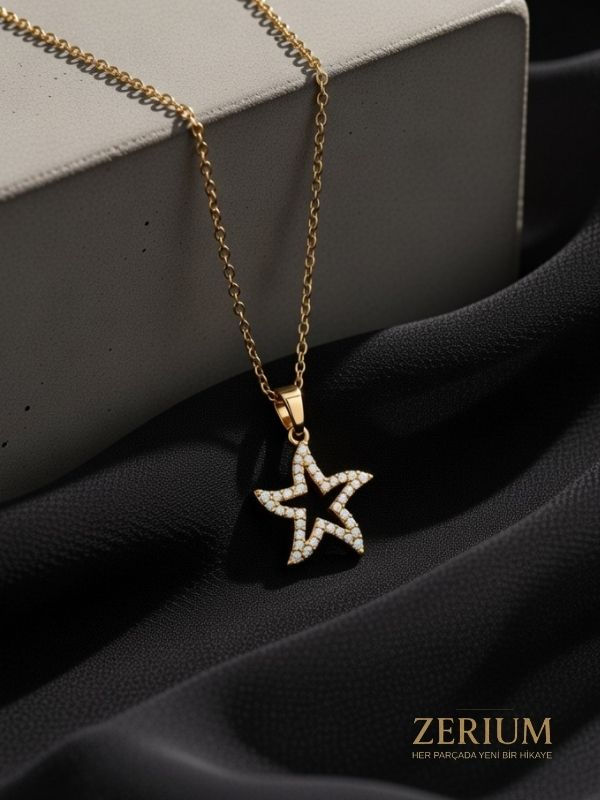 Thumbnail: Deniz Yıldızı Motifli Çelik Kadın Kolye Zirkon Süslemeli 45 Cm