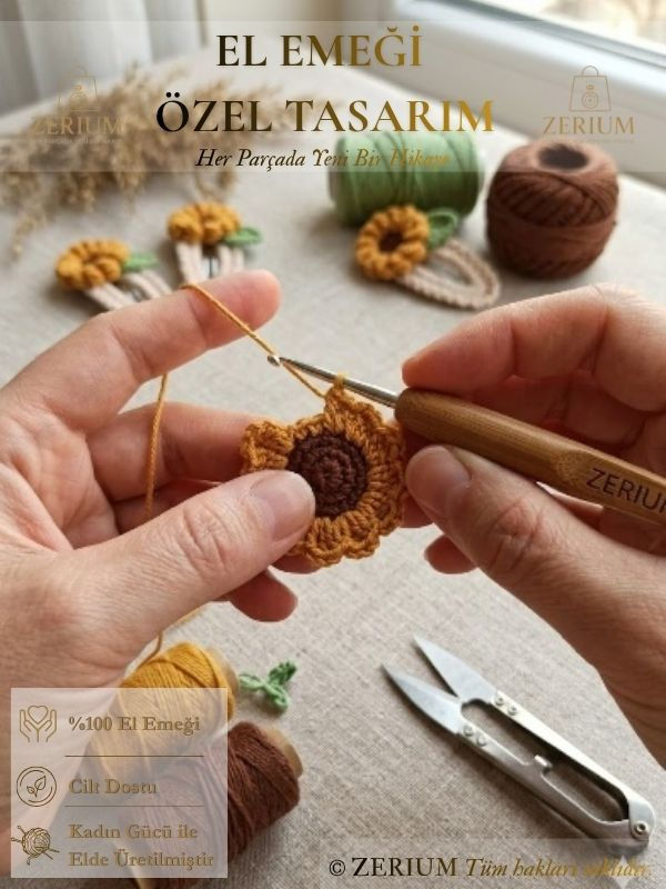 Küçük resim: Çocuk ve Kadın Örgü Çıt Çıt Toka El Emeği Ayçiçek Serisi No: 2