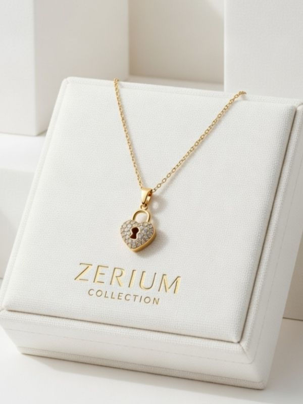 Küçük resim: Kilitli Kalp Çelik Kadın Kolye Zirkon Süslemeli 45 Cm