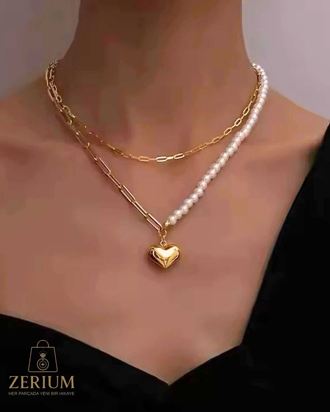 İncili Kalp Kolye Altın Renkli Çelik 316L